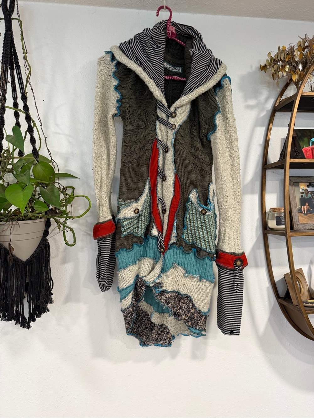 Mixed-Knit Long Hooded Cardigan in Cream, Olive, Teal & Red